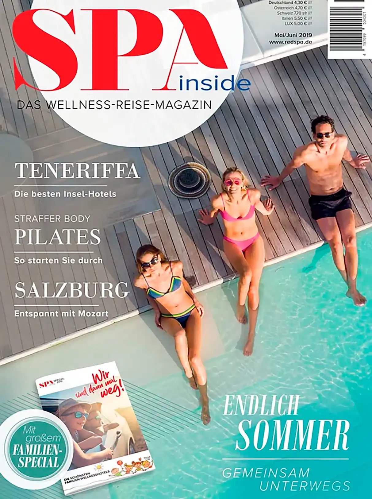 Cover des SPA inside Magazins, Heft Mai-Juni, 2019. Das Magazin berichtet über maßgeschneiderte Familienreisen voller Abenteuer und Exklusivität.