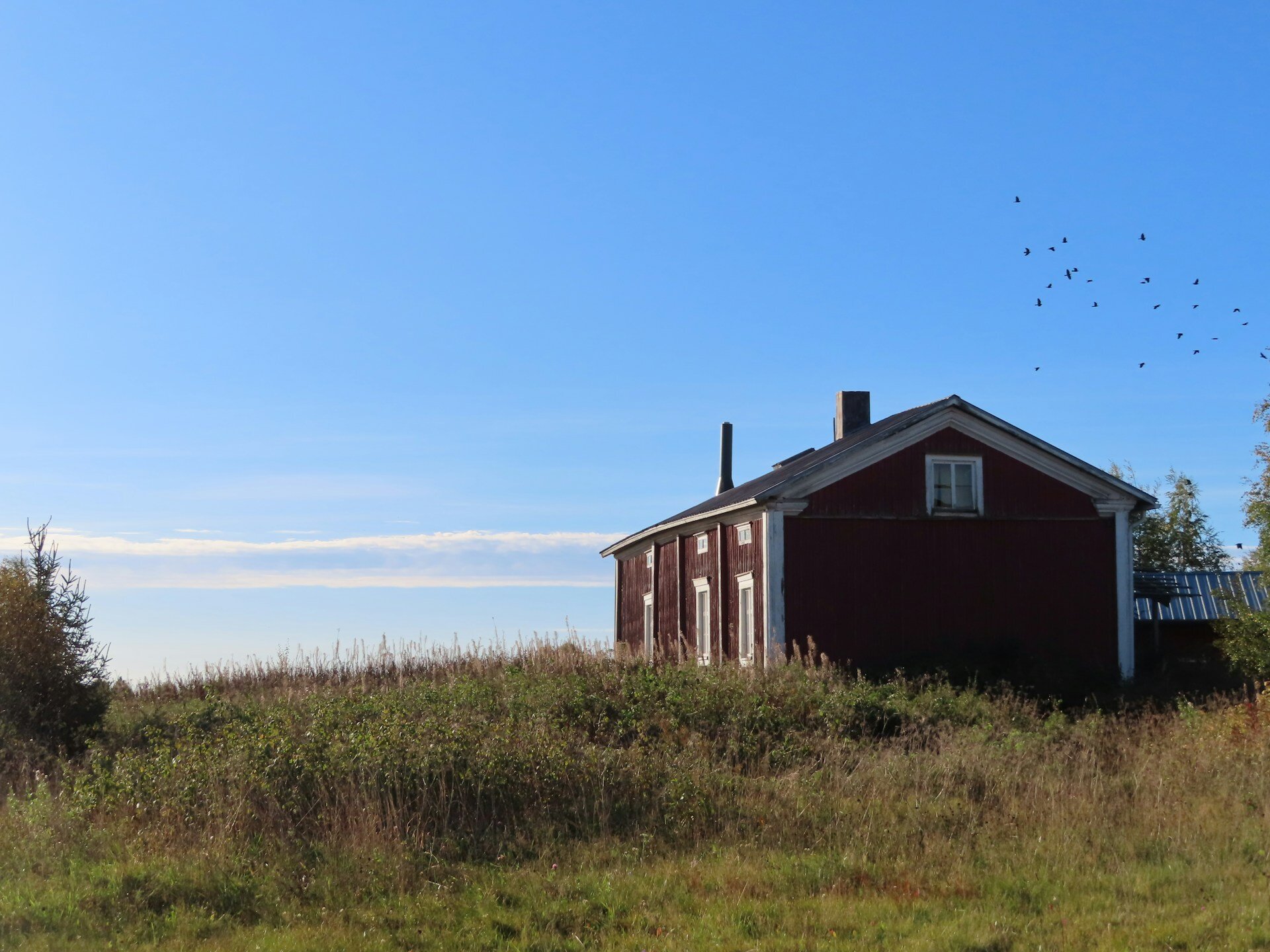 Haus auf grünem Hügel und blauer Himmel
