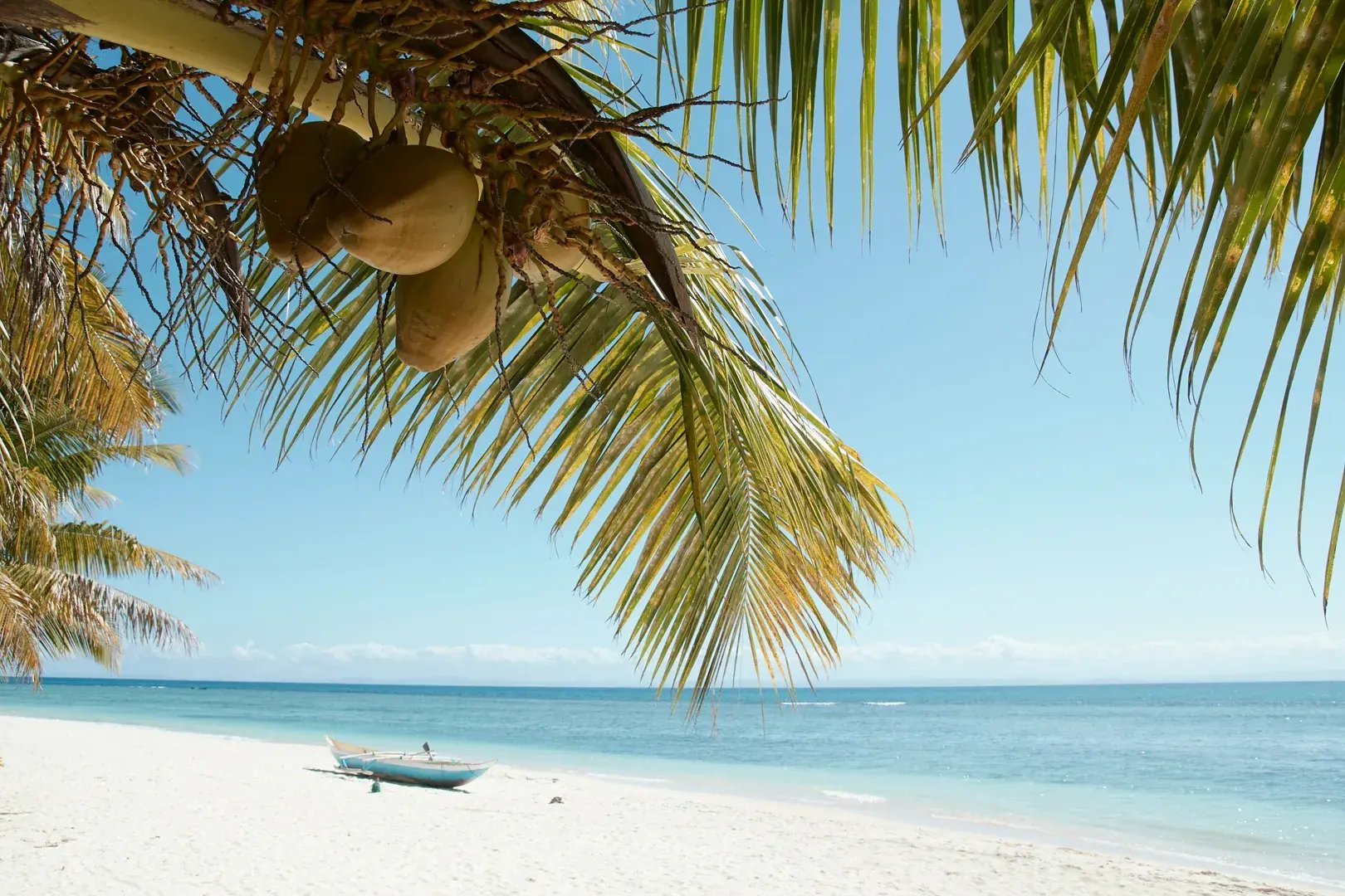 weißer Sandstrand mit Kokosnusspalmen