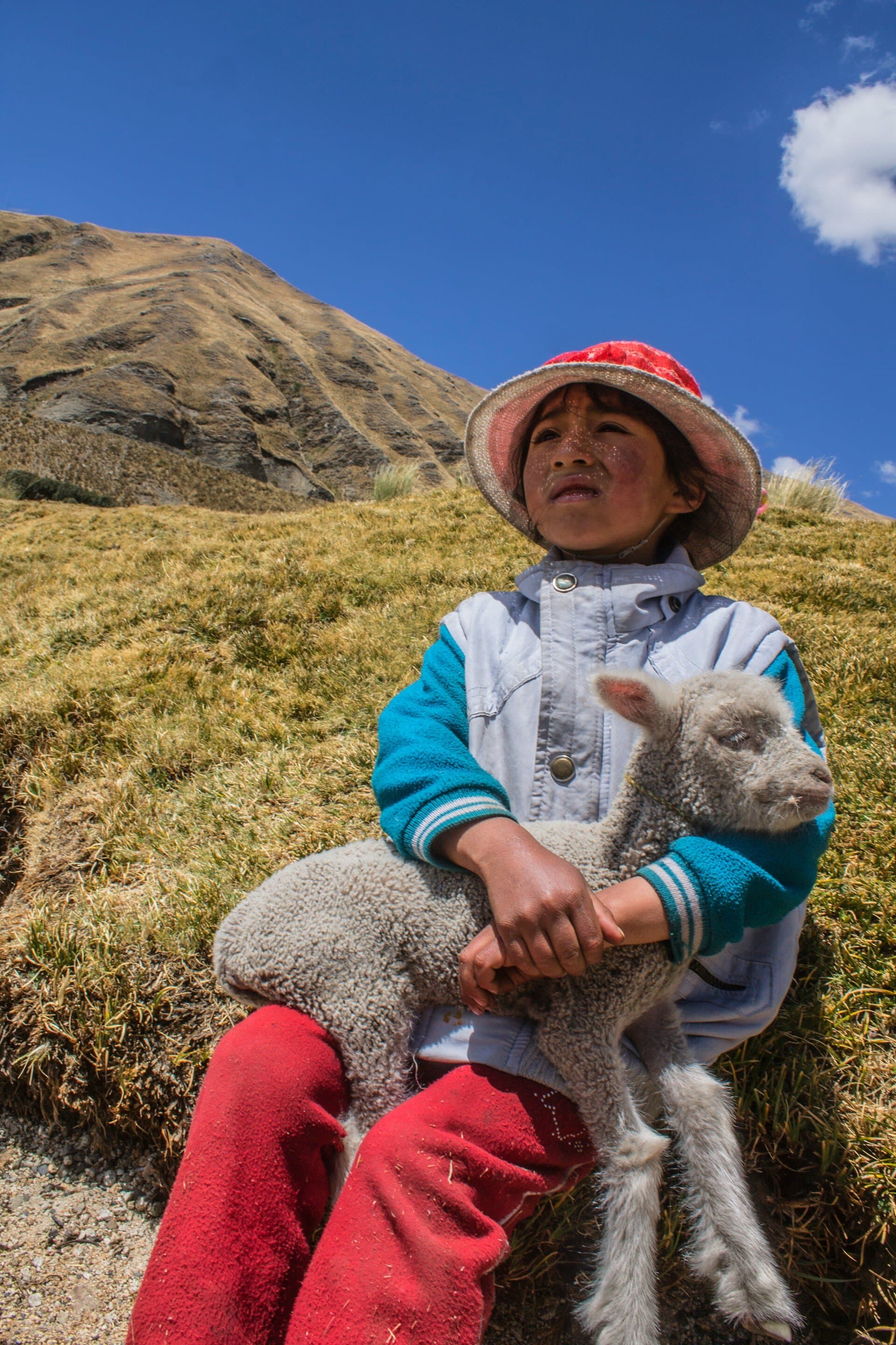 Kind mit Schaf, peruanische Kultur