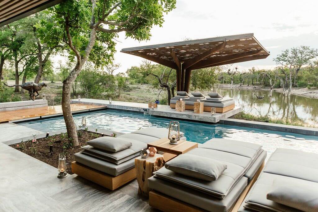 Pool mit Liegen, Sonnenschutz und einem Baum.