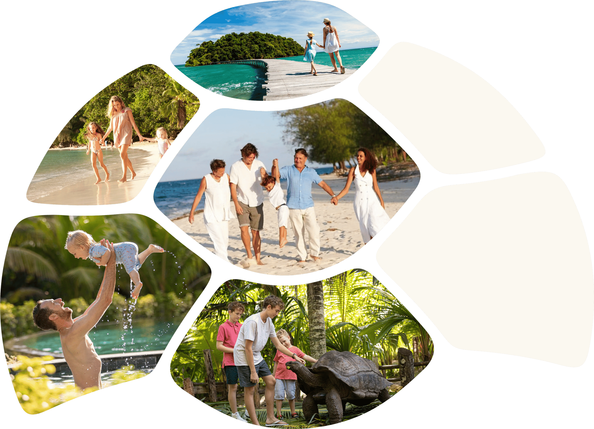 Collage of vacation pictures of families. You can see the sea, beach, islands, a pool and children feeding a turtle.