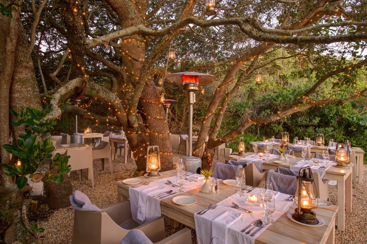 Ein Restaurant im Garten: Tische und Stühle stehen unter einem großen Baum und sind mit Laternen versehen.