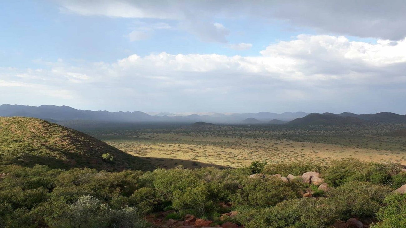 Weite Ebene in Südafrika von einem erhöhten Punkt aus betrachtet.