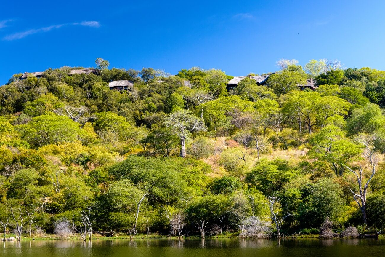 Singita Pamushana Lodge von der anderen Seite des Flusses, eingebettet in eine grüne Landschaft.