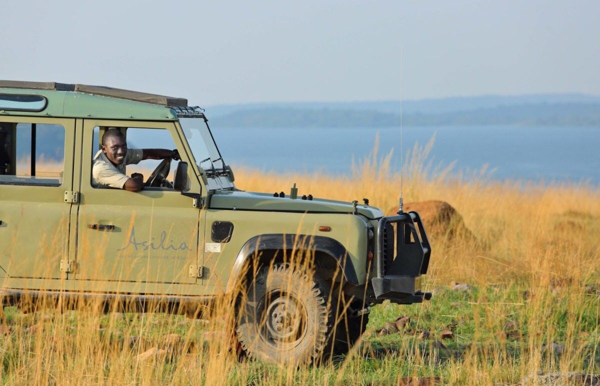Ein Safarijeep fährt ins Bild durch die Savanne.