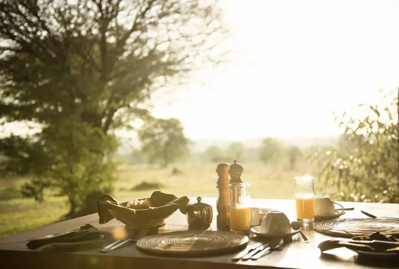 Gedeckter Tisch mit Salz- und Pfeffermühle bei tiefstehender Sonne.