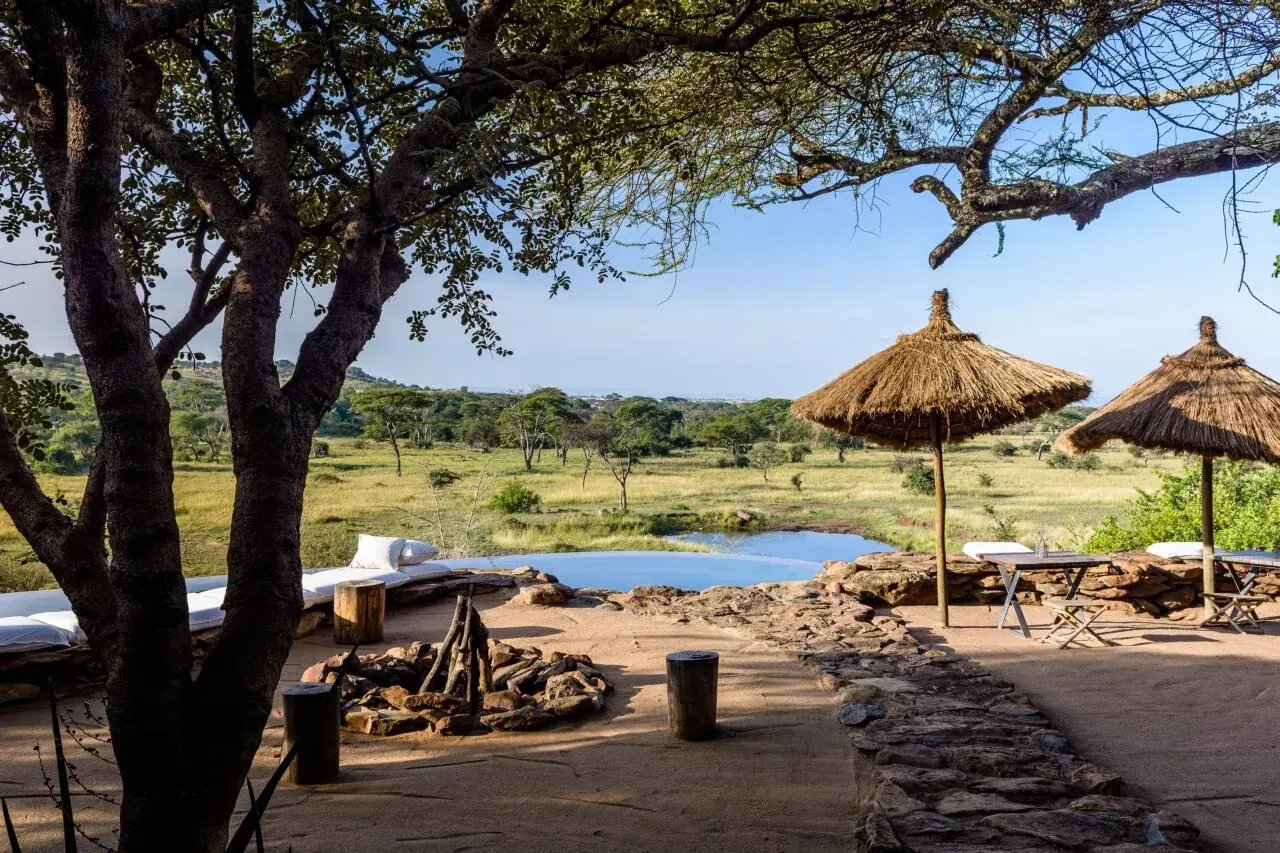 Außenbereich einer Lodge mit Sonnenschirmen, Liegen und einem Wasserloch.