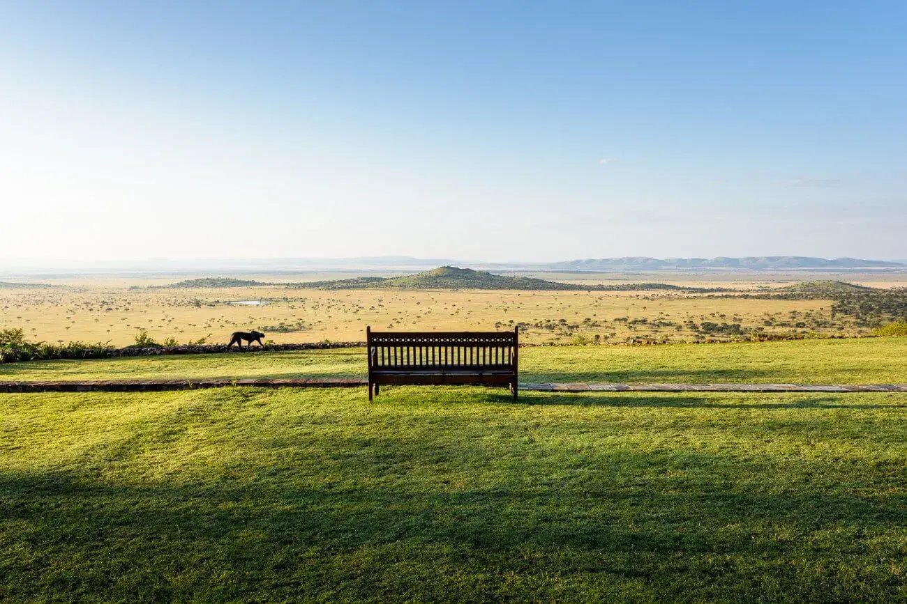Eine einsame Bank steht in der Natur mit Blick in die Weite der Landschaft.