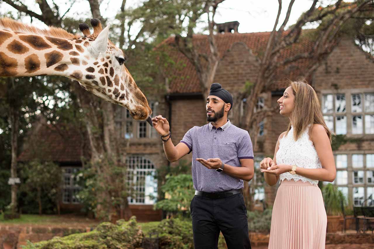 Ein Pärchen füttert eine Giraffe.