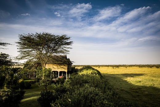 Ein Cottage steht mitten in der Wildnis umgeben von weitem Flachland.