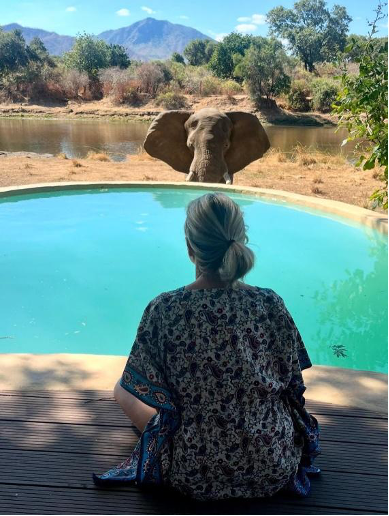 Eine blonde Frau sitzt mit dem Rücken zur Kamera auf einem Holzdeck an einem Pool. Hinter dem Pool in einer afrikanischen Landschaft mit einem Fluss und einem Berg steht ein Elefant.