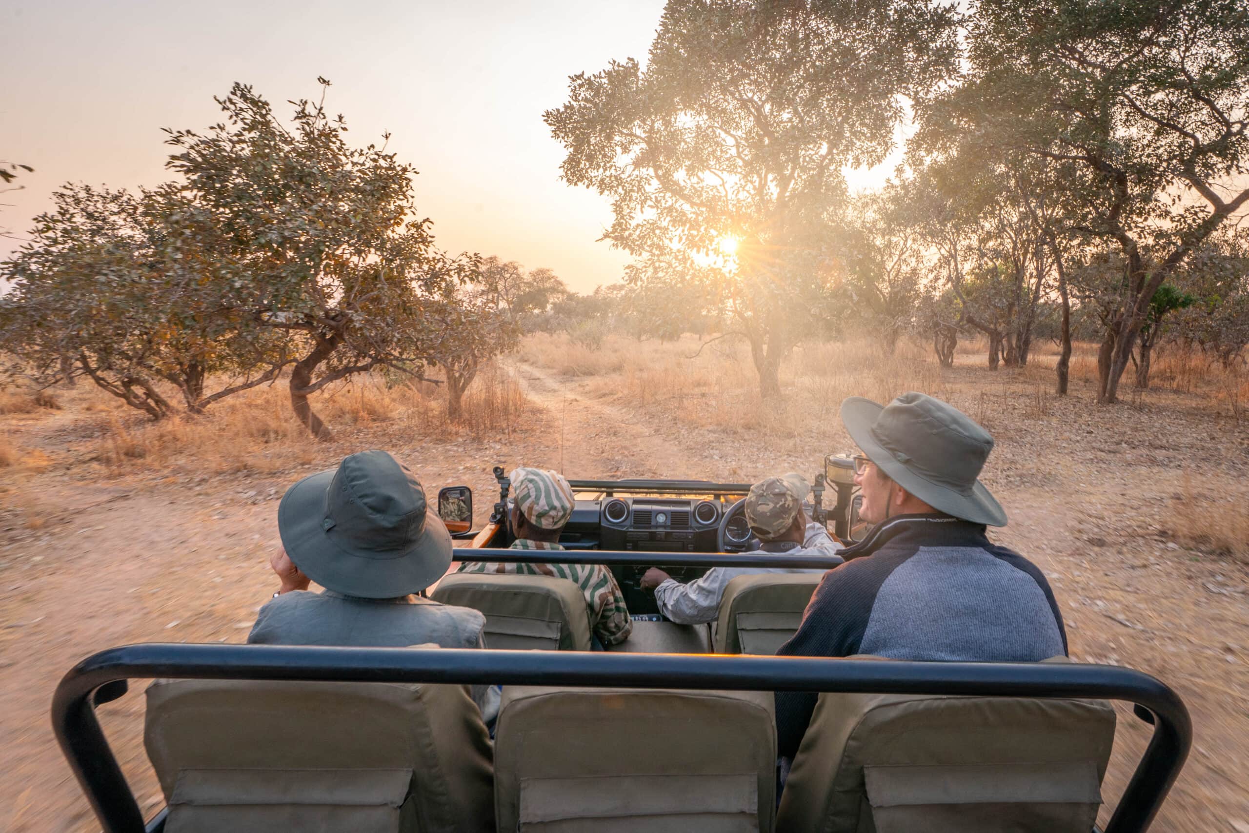 Ein Parr ist in einem Jeep bei Morgengrauen auf Safari.