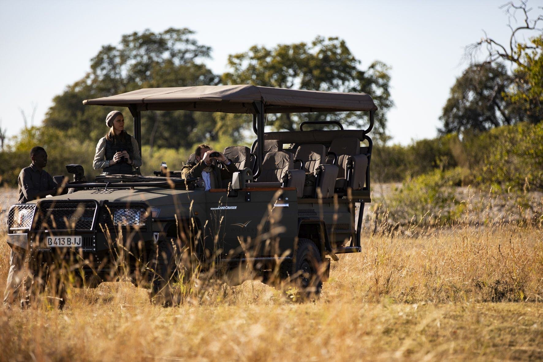 Eine Gruppe Touristen ist im Jeep auf Safari.