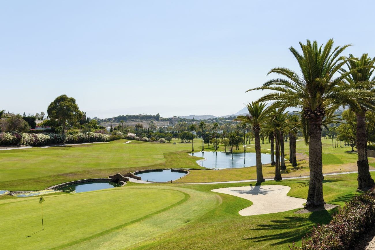 Großer Golfplatz mit Wasserstellen und Palmen.