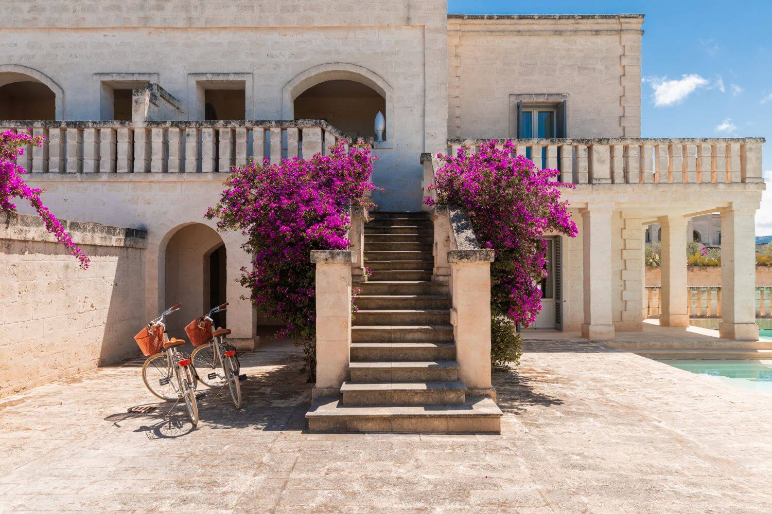Treppe mit pink blühendem Busch rechts und links.