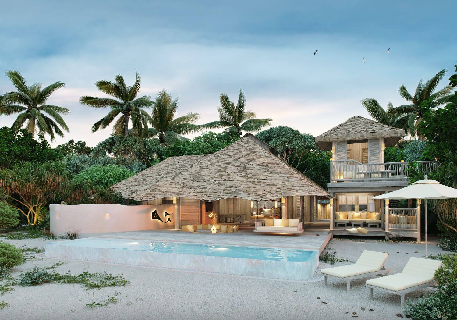 Luxusvilla mit privatem Pool umgeben von Palmen