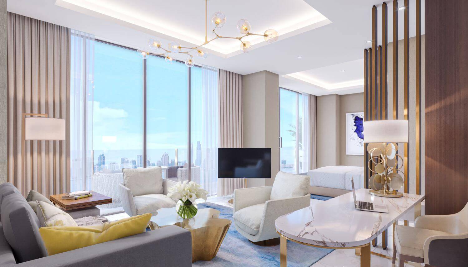 Edle Luxussuite mit weiße Möbeln und großen Fensterfronten.