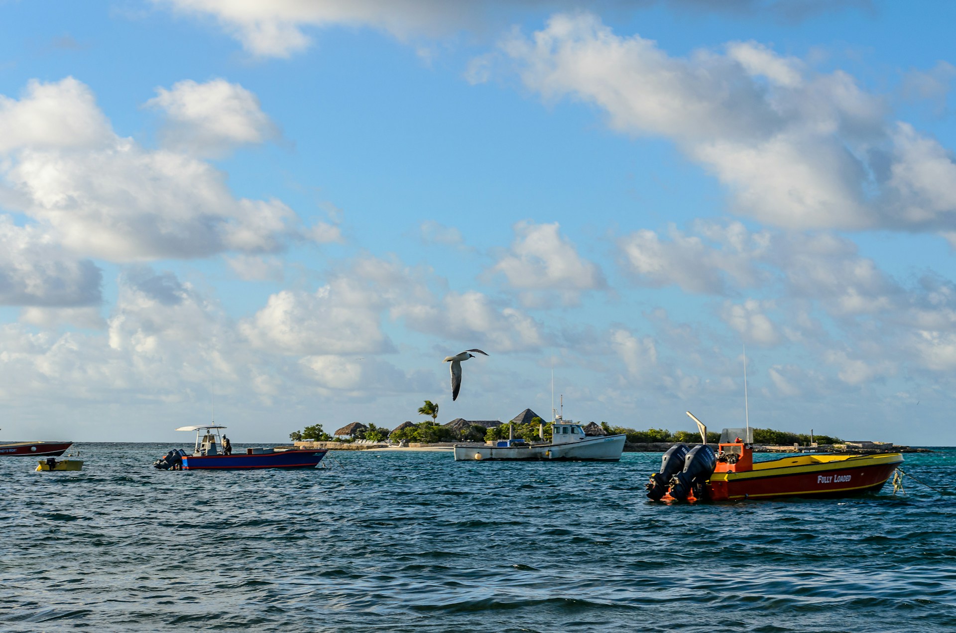 Mehrere Boote vor einer Insel